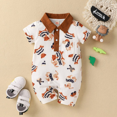 Baby Boy Color-block  Animal Bear Pattern Polo-collar Romper
