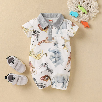 Baby Boy Color-block Animal Pattern Polo-collar Romper