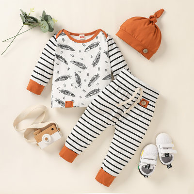 3-piece Feather Stripe Tee, Pants and Hat Set