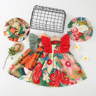 Vestido sem mangas patchwork estampado floral de 2 peças para menina e chapéu combinando