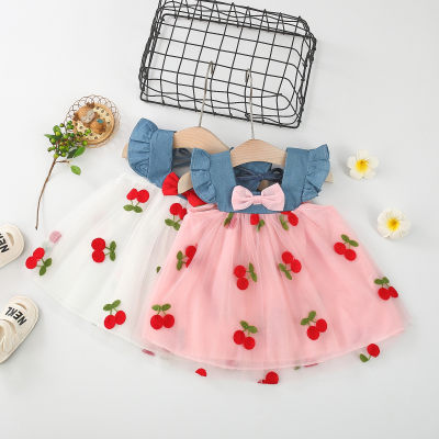 Vestido sem mangas com estampa de cereja para menina bebê patchwork decoração laço
