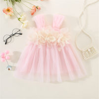 Children's clothing summer new style girls beautiful three-dimensional flower decoration solid color sling cute princess gauze skirt  Pink
