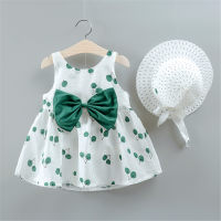 Verão novo estilo roupas infantis doce menina cereja arco suspender vestido com chapéu  Verde