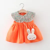 2-piece Baby Girl Floral Lapel Patchwork Sleeveless Dress & Rabbit Shape Bag  Orange