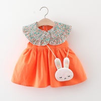 فستان بناتي بلا أكمام بطية صدر نمط زهور & حقيبة صغيرة على شكل أرنب  برتقالي