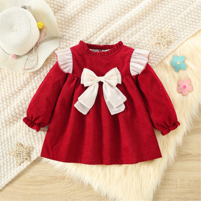 Baby Girl Color-block Bow-knot Ruffles Decor Fine Corduroy Long Sleeve Dress