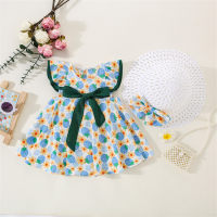 2-piece Baby Girl Allover Strawberry Printed Bowknot Decor Short Sleeve Dress & Matching Hat  Blue