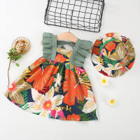 Vestido sin mangas de patchwork con estampado floral integral para niña pequeña de 2 piezas y sombrero a juego  Verde