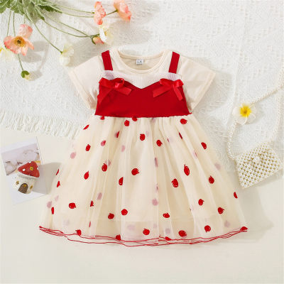 Toddler Girl Color-block Polka Dotted Mesh Patchwork Bowknot Decor Short Sleeve Dress