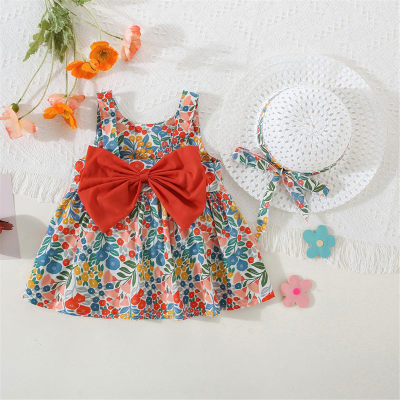 2-piece Toddler Girl Allover Floral Printed Bowknot Decor Sleeveless Dress & Matching Hat