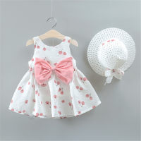 Verão novo estilo roupas infantis doce menina cereja arco suspender vestido com chapéu  Rosa