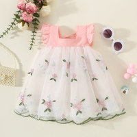 Toddler Girl Floral Embroidered Mesh Patchwork Square Neck Sleeveless Dress  Pink