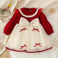 Toddler Girl Round Neck Bow Decorative Dress  Red
