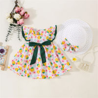 2-piece Baby Girl Allover Strawberry Printed Bowknot Decor Short Sleeve Dress & Matching Hat  Yellow