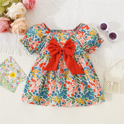 Toddler Girl Allover Floral Printed Bowknot Decor Short Puff Sleeve Dress