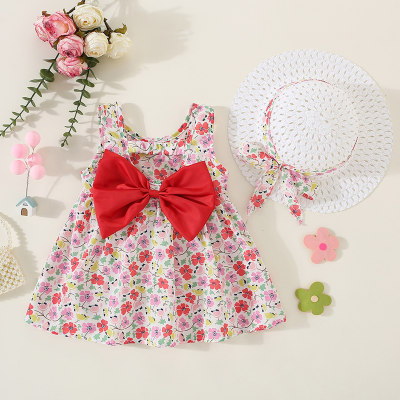 2-قطعة طفل فتاة كل انحاء الأزهار المطبوعة Bowknot ديكور فستان بلا أكمام وقبعة مطابقة