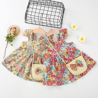 Vestido de 2 piezas para niña pequeña con estampado floral, cuello cuadrado, manga de mosca y decoración de lazo, bolso de hombro tipo bandolera