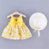 Vestido infantil de verão com margaridas e suspensórios com laço doce vestido infantil com chapéu  Amarelo