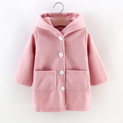 Toddler Girl Solid Color Hooded Single-breasted Long Coat