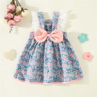 Baby Girl Allover Floral Printed Mesh Patchwork Bowknot Decor Sleeveless Dress  Blue