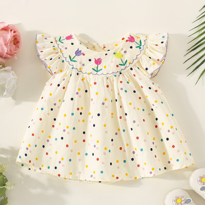 Toddler Girl Polka Dotted Floral Embroidered Fly Sleeve Dress