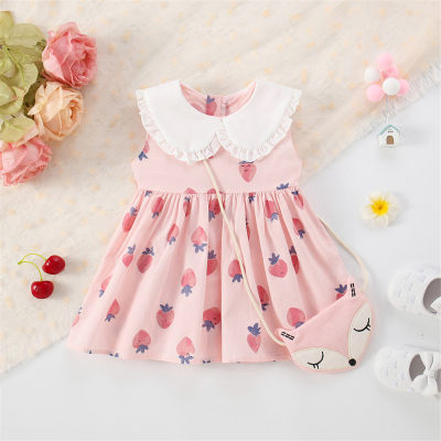 2-piece Baby Girl Lapel Patchwork Allover Strawberry Printed Sleeveless Dress & Matching Fox Style Bag