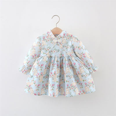 Baby Girl Floral Rabbit Pattern Mandarin Collar Long Sleeve Dress