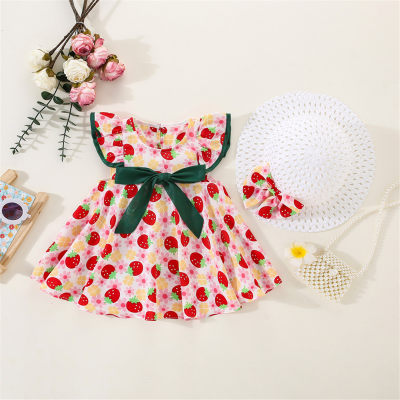 2-piece Baby Girl Allover Strawberry Printed Bowknot Decor Short Sleeve Dress & Matching Hat