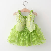 Vestido de tirantes con pliegues de malla y alas hermosas para niña bebé  Verde