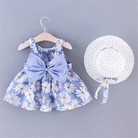 Vestido de verano para niñas, vestido infantil con tirantes y lazo, margaritas, con sombrero  Azul