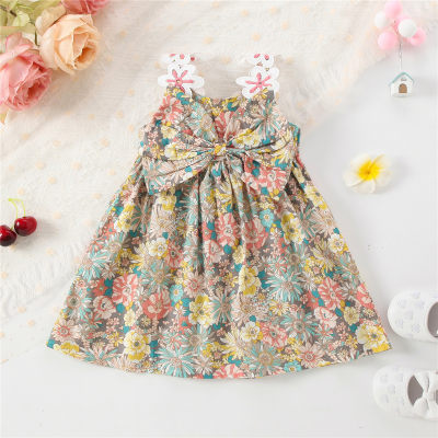 Baby Girl Allover Floral Printed Bowknot Decor Strap Dress