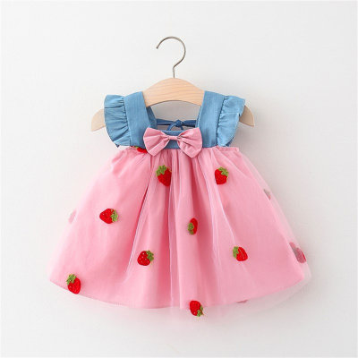 Girls Strawberry Mesh Splicing Denim Fly Sleeve Dress