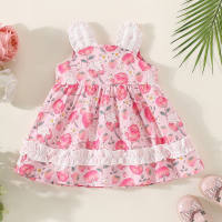 Toddler Girl Floral Printed Lace Spliced Strap Dress  Pink