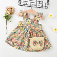 Vestido de 2 piezas para niña pequeña con estampado floral, cuello cuadrado, manga de mosca y decoración de lazo, bolso de hombro tipo bandolera  Amarillo