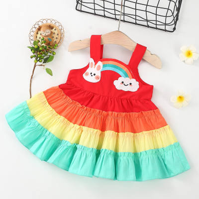 Baby Girl Color-block Striped Rabbit Pattern Strap Dress