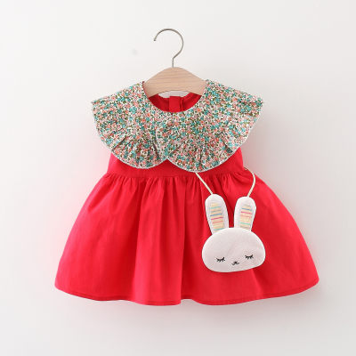 Vestido sem mangas patchwork com lapela floral para bebê menina de 2 peças e bolsa em forma de coelho
