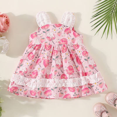 Toddler Girl Floral Printed Lace Spliced Strap Dress
