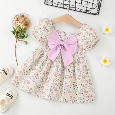 Baby Boy Allover Floral Pattern Square Neck Bowknot Decor Short Puff Sleeve Dress