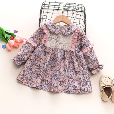Toddler Girl Ruffled Allover Floral Printed Lapel Patchwork Long Sleeve Dress