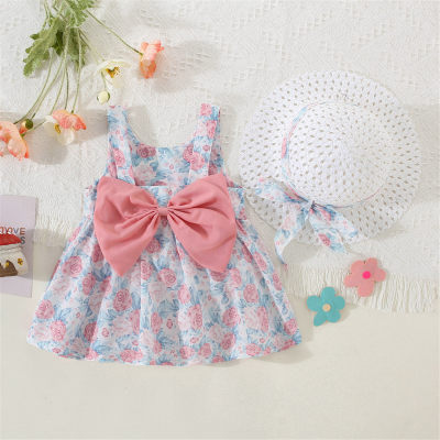 2-piece Toddler Girl Allover Floral Printed Bowknot Decor Sleeveless Dress & Matching Hat