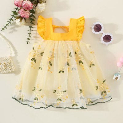 Toddler Girl Floral Embroidered Mesh Patchwork Square Neck Sleeveless Dress