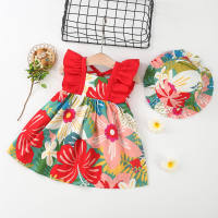 Vestido sin mangas de patchwork con estampado floral integral para niña pequeña de 2 piezas y sombrero a juego  rojo