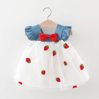 Baby Girl Strawberry Pattern Mesh Patchwork Bowknot Decor Square Neck Sleeveless Dress  White