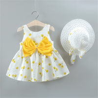 Verão novo estilo roupas infantis doce menina cereja arco suspender vestido com chapéu  Amarelo