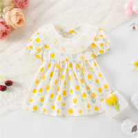 Vestido de manga curta estampado floral com lapela infantil de 2 peças e mini bolsa combinando  Amarelo