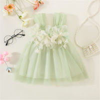 Children's clothing summer new style girls beautiful three-dimensional flower decoration solid color sling cute princess gauze skirt  Green