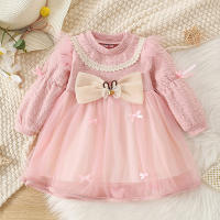 Toddler Girl Round Neck Bow Decorative Dress  Pink