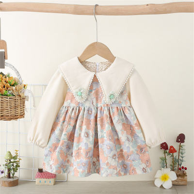 Baby Girl Floral Printed Decorative Beads Dress