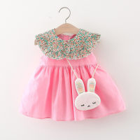 2-piece Baby Girl Floral Lapel Patchwork Sleeveless Dress & Rabbit Shape Bag  Pink