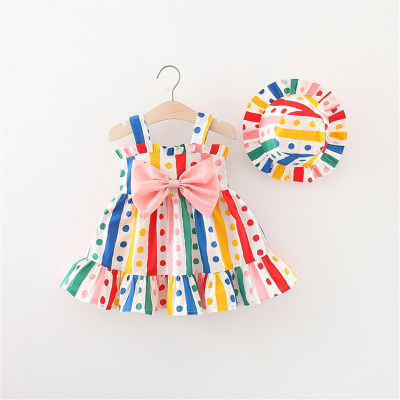 Colorful striped polka dot suspender skirt with hat